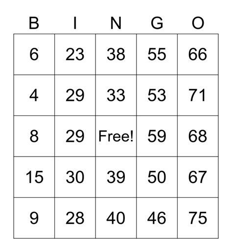 Number Bingo 1 75 Bingo Card