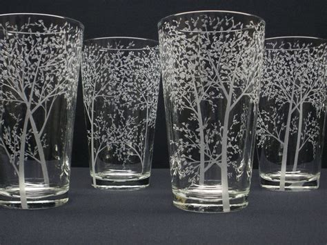 4 pint glasses hand engraved branches and by daydreemdesigns glass engraving laser