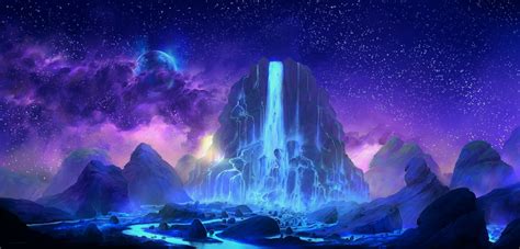 Download Star Sky Cloud Mountain Purple Fantasy Waterfall Hd Wallpaper