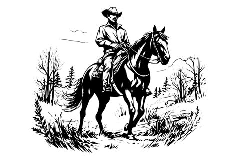 Cowboy On Horse In Engraving Style Hand Drawn Ink Sketch Vector
