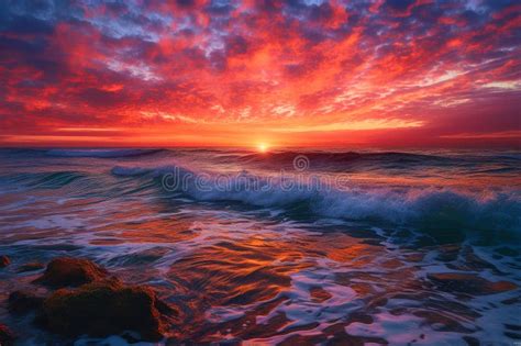 A Stunning Sunset Over The Ocean With Rolling Waves Generative Ai