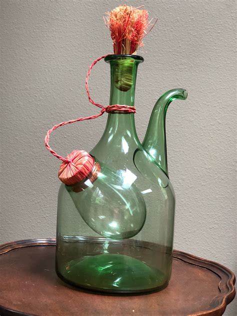 Italian Blown Glass Decanter With Ice Chamber And Raffia