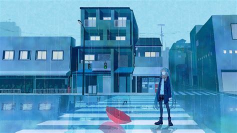 Wallpaper Hatsune Miku Vocaloid Rain Blue Hair Sky City