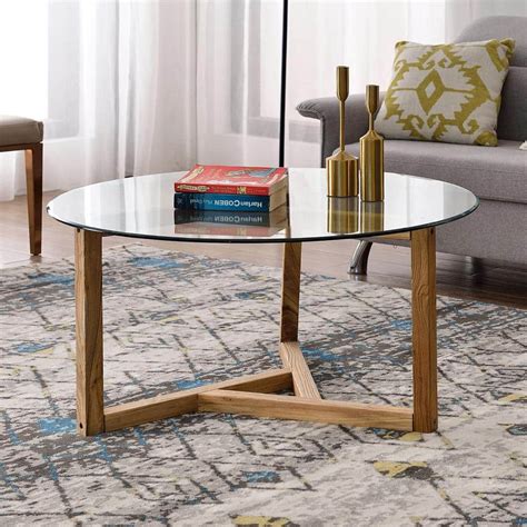 Harper And Bright Designs 36 In Oak Medium Round Glass Coffee Table Wf190112aal The Home Depot