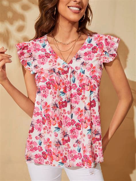 Shein Butterfly Sleeve Floral Print Blouse In 2022 Floral Print