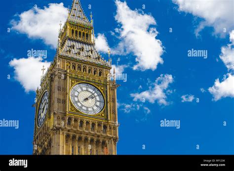 The Big Ben In London On A Sunny Day In Front Of A Blue Sky Stock Photo