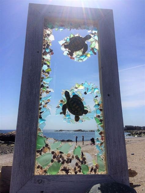 Sea Turtle Surrounded By Beach Glass In 2020 Sea Glass Window Art