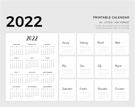 2022 Printable Calendar A4 And Letter Size Minimal Modern Etsy