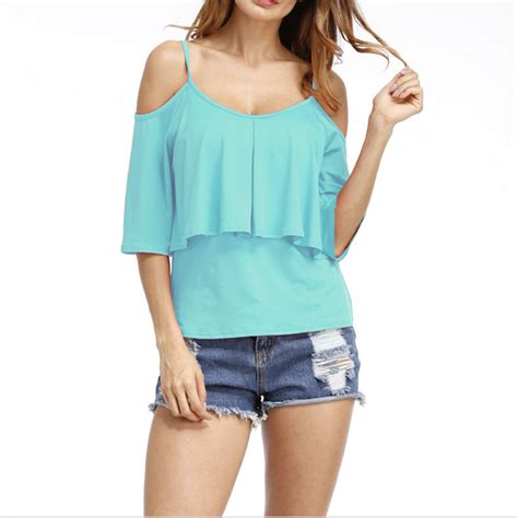 Women 2017 Summer Cold Off Shoulder Tops Korean Fashion Short Sleeve Strap Ruffle Sexy Green Red