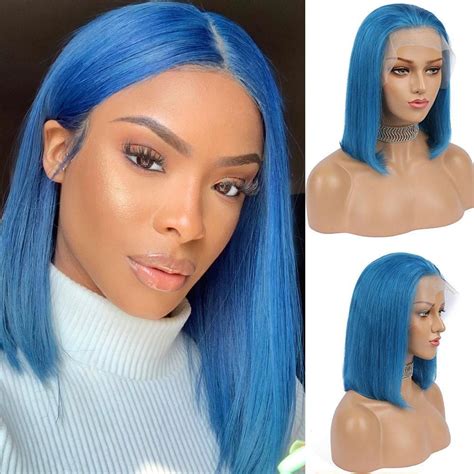 Sky Blue Bob Lace Front Wig Colored Short Human Hair Wigs Sulmy 14