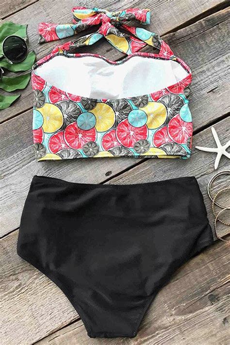 Colourful Slices Of Lemon Halter Bikini Set