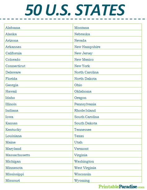 List Of Us States Printable Includes All States Like Alabama New