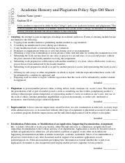Academic Honesty And Plagiarism Policy Sign Off Sheet Pdf Academic