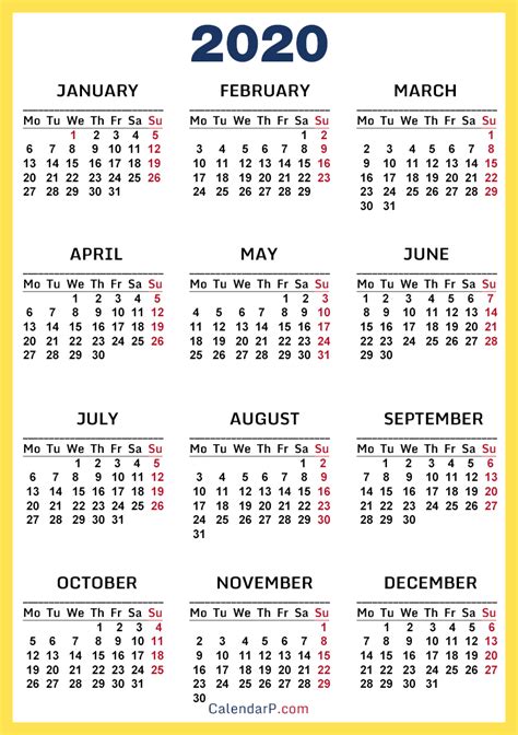 2020 Calendar Printable Free Yellow Monday Start Calendarp