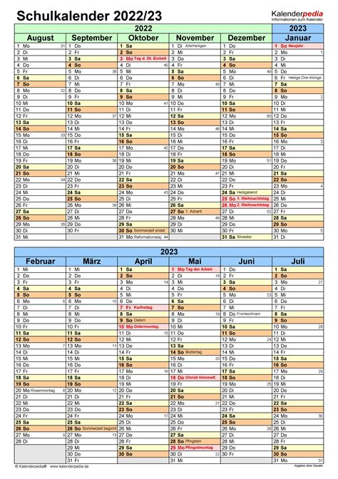Schulkalender 20222023 Als Excel Vorlagen Zum Ausdrucken