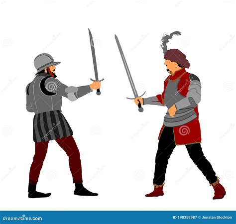 Knights In Armor With Sword Fight Vector Illustration Isolated On White