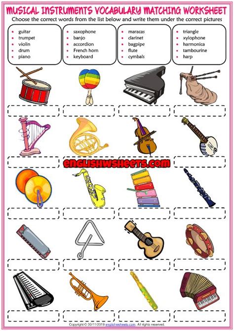 Musical Instruments Esl Matching Exercise Worksheet For Kids