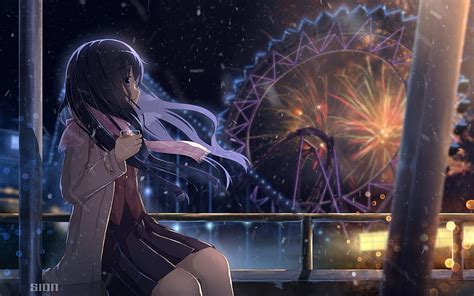 Anime Girl Fireworks Scenic Amusement Park Ferris Wheel Night