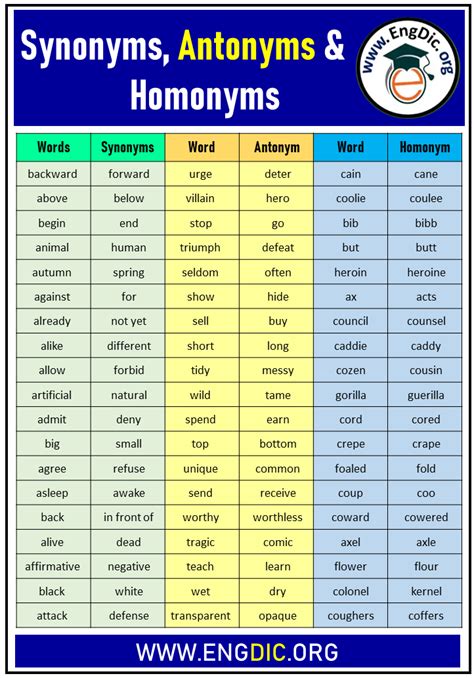 Synonyms Antonyms And Homonyms Words List Examples One Of The Most