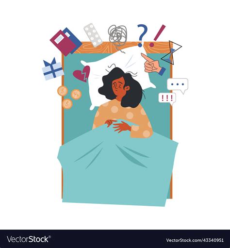 Tired Woman Lying In Bed And Thinking About Vector Image