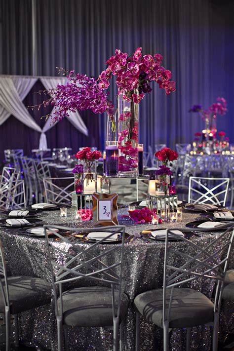 Glittery Reception Table With Pink Orchid Centerpieces