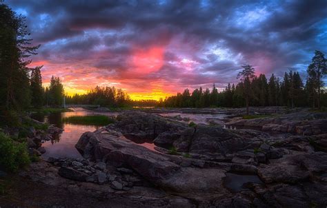 Wallpaper Forest Sunset River Finland In Kuusamo Images For Desktop