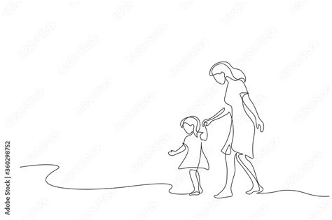 Mother And Daughter Walking Together One Line Drawing Stock Vector