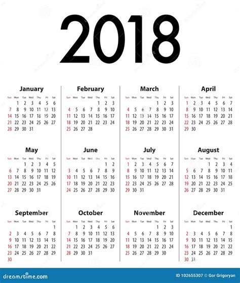 English Calendar Grid For 2018 Sf Stock Vector Illustration Of