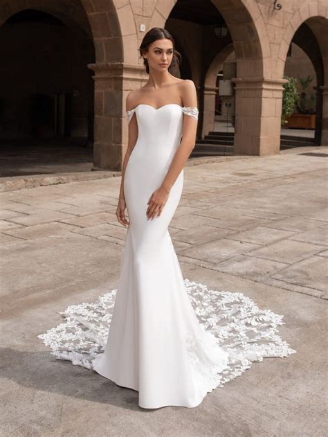 Off The Shoulder Crepe Fit And Flare Wedding Dress With Lace Accented Train Kleinfeld Bridal