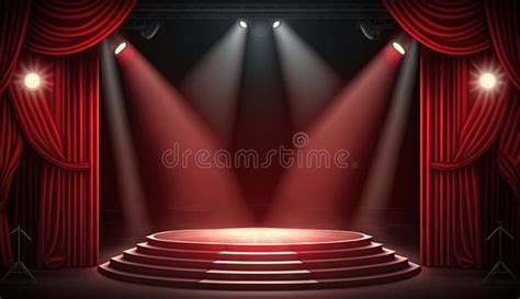 Stage For A Show Or Tv Entertainment With Microphone Stairs Red