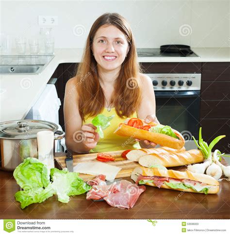 Happy Woman Cooking Sandwiches Stock Image Image Of Gourmet Lunch