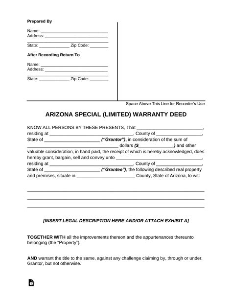 Free Arizona Special Warranty Deed Form Pdf Word Eforms