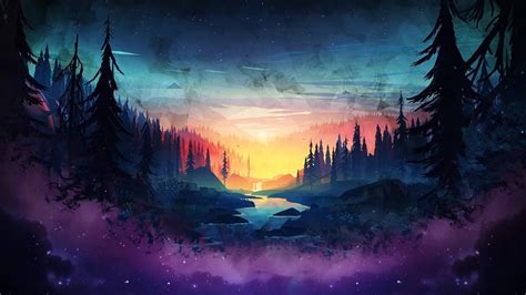 Sunset Forest River Night Sky Scenery Digital Art 4k 96 Wallpaper