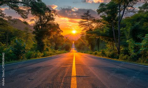 Beautiful Sun Rising Sky With Asphalt Highways Road In Rural Scene Use