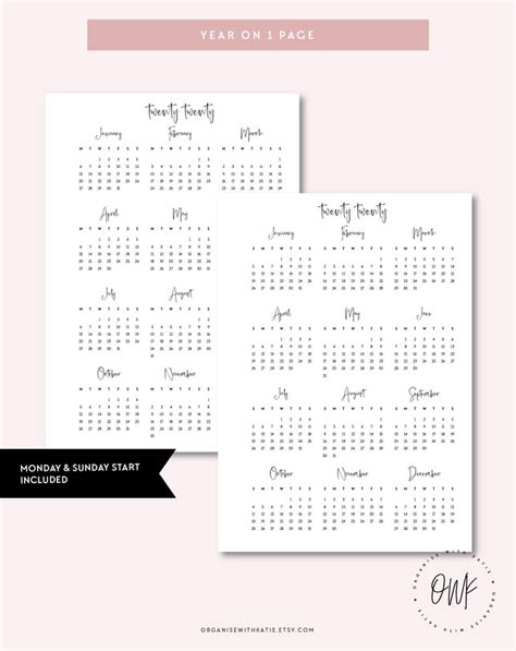 2019 2020 Calendar Printable Year Overview A6 Rings Etsy