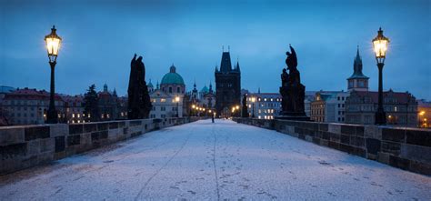 Charles Bridge Snow Winter Dawn Destination Landmark Prague Czech Republic