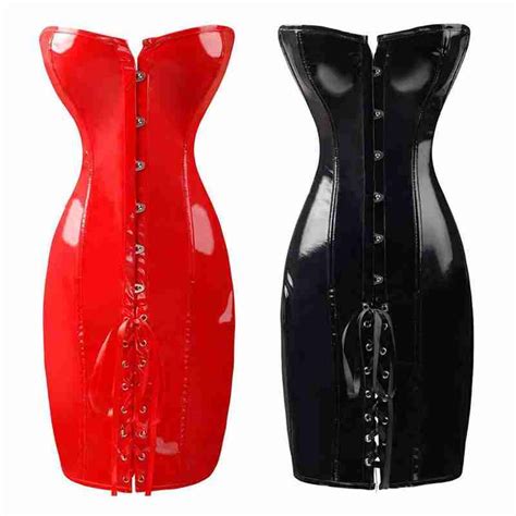 Buy Gothic Womens Sexy Wetlook Pvc Faux Leather Corset Long Corsets Body Catsuits Overbust Dress