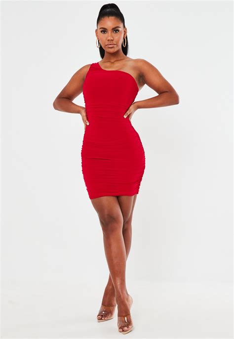 Red Slinky One Shoulder Ruched Bodycon Mini Dress Missguided