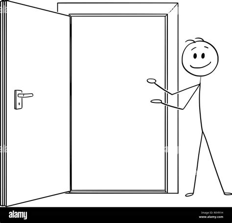 Cartoon Of Man Or Businessman Inviting To Go Through Open Door Stock