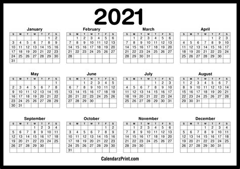 2021 Calendar Printable Free Horizontal Hd Black Calendarzprint
