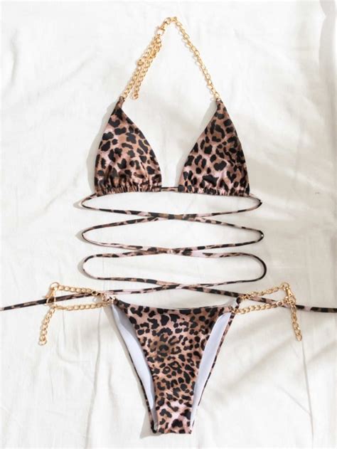 Leopard Chain Linked Triangle Thong Bikini Swimsuit