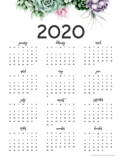 Free Printable Year At A Glance 2020 Calendar In 2020 Free Printable