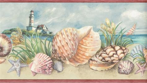 Improve your bathroom wall decor by painting your walls with the perfect color. SEA SHELLS ON BEACH AND STARFISH WITH LIGHTHOUSE Wallpaper ...