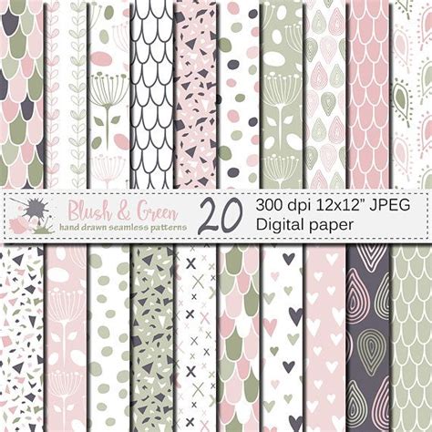 Blush Pink And Green Seamless Digital Paper Hand Drawn Scales Hearts
