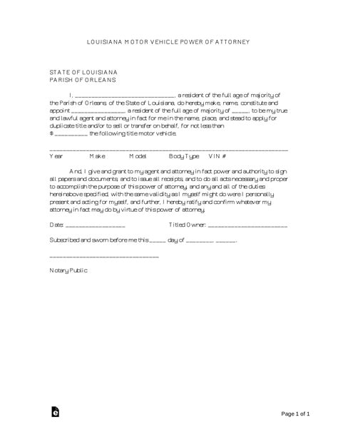 Free Louisiana Motor Vehicle Power Of Attorney Form Pdf Word Eforms