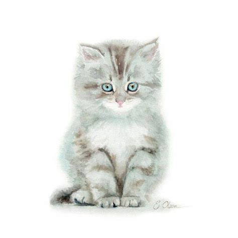 Original Watercolor Painting Of A Grey Kitten By Emily Jean Olson