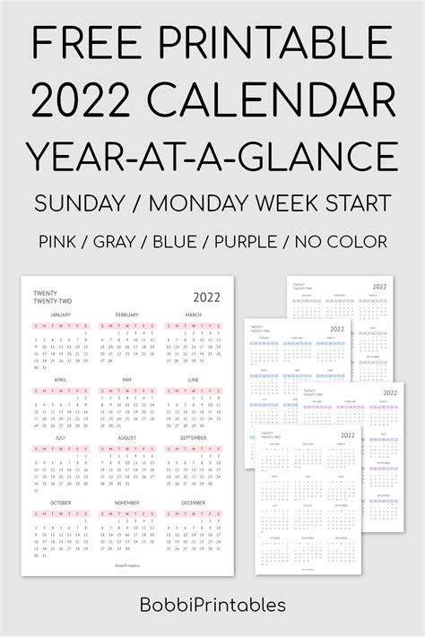 Printable 2022 Year At A Glance Calendar Artofit