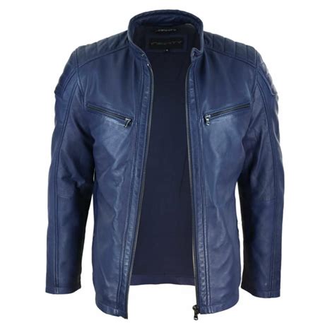 Real Leather Tailored Fit Mens Biker Jacket Navy Blue Buy Online