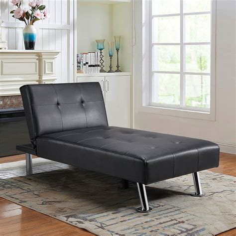 Yaheetech Faux Leather Chaise Lounge Convertible Futon Daybed With Chrome Metal Legs Black