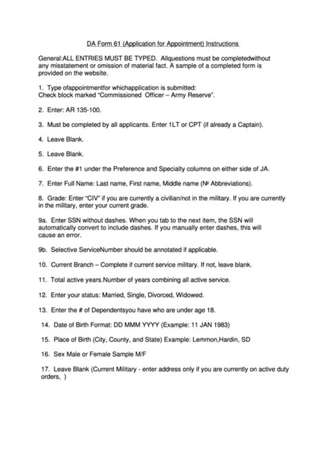 Da Form 61 Instructions Application For Appointment Printable Pdf